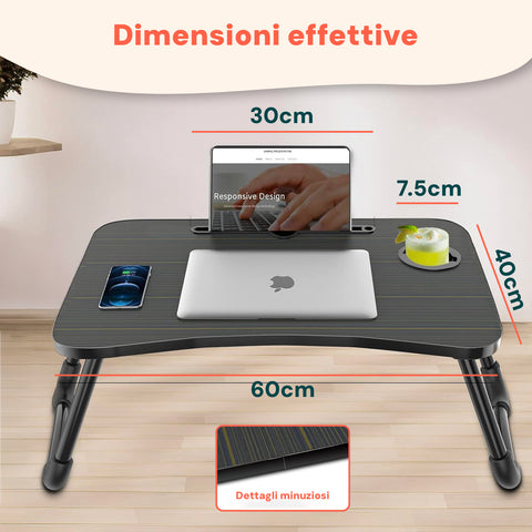 Avilia Tavolino Pieghevole Salvaspazio con Porta Bicchiere e Leggio per Tablet in Legno 60x40cm Nero Ean 8056819050684