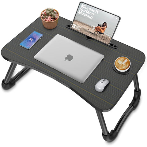 Avilia Tavolino Pieghevole Salvaspazio con Porta Bicchiere e Leggio per Tablet in Legno 60x40cm Nero Ean 8056819050684
