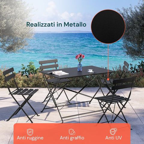 Set Koby Double Salotto Con Tavolo E 4 Sedie Pieghevoli In Metallo Antracite