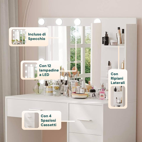 Scrivania con Specchio e Luci LED 3 Tonalità Naturale, Calda, Fredda per Make-Up e Organizzazione
