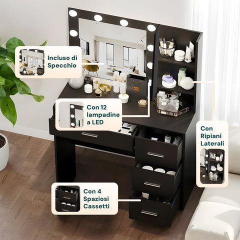 Scrivania con Specchio e Luci LED 3 Tonalità Naturale, Calda, Fredda per Make-Up e Organizzazione