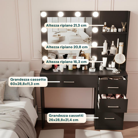 Scrivania con Specchio e Luci LED 3 Tonalità Naturale, Calda, Fredda per Make-Up e Organizzazione