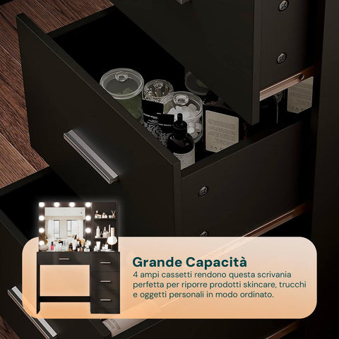 Scrivania con Specchio e Luci LED 3 Tonalità Naturale, Calda, Fredda per Make-Up e Organizzazione