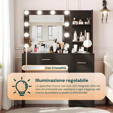 Scrivania con Specchio e Luci LED 3 Tonalità Naturale, Calda, Fredda per Make-Up e Organizzazione