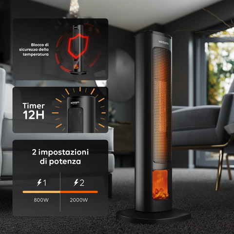 Wintem Termoventilatore Ceramico Uriel 2000W a Torre Portatile con Telecomando, Timer 12h, Protezione Anti Caduta ed Effetto Fiamma Ean-8052286431339