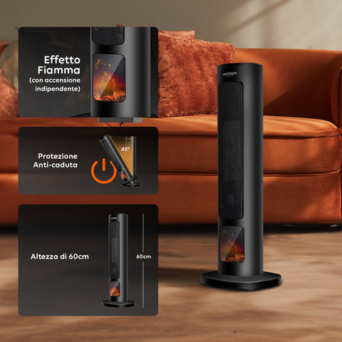 Wintem Termoventilatore Ceramico Uriel 2000W a Torre Portatile con Telecomando, Timer 12h, Protezione Anti Caduta ed Effetto Fiamma Ean-8052286431339