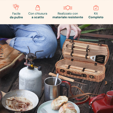 Cesto Set Bbq Portatile Con 5 Accessori In Valigetta Vimini
