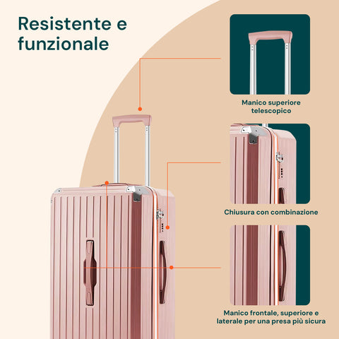 Valigie Trolley Rosa 56-66-76 cm in ABS con Doppie Ruote Girevoli