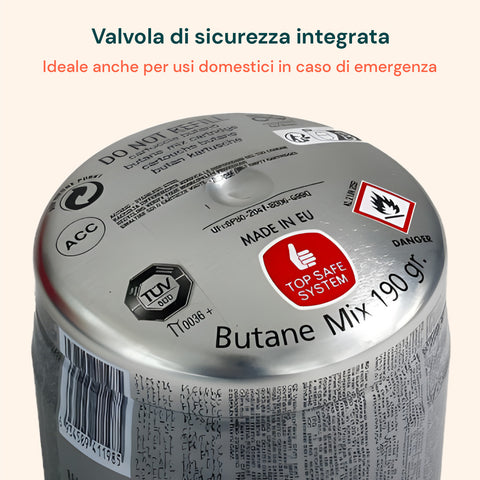 Cartuccia con valvola di sicurezza integrata per usi domestici in caso di emergenza, Butane Mix 190g certificata TÜV