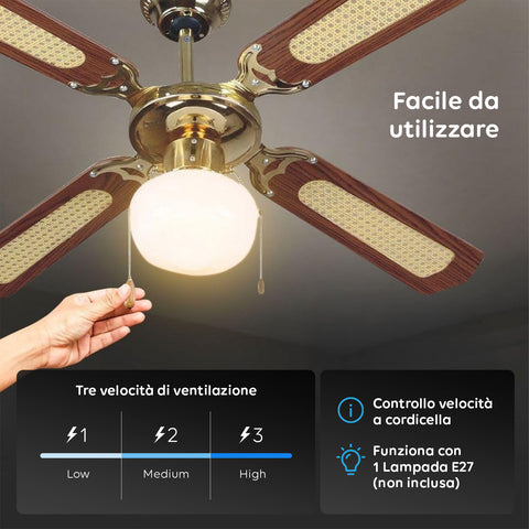 Ventilatore facile da utilizzare con tre velocità Low Medium High, controllo a cordicella e funzione lampada E27 non inclusa