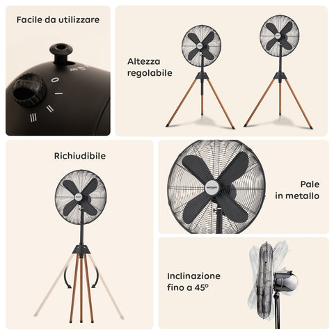 Wintem Ventilatore 50W Cold Mama 3 Velocità con Pale 40 cm, Treppiede Richiudibile Legno e Altezza Regolabile Struttura Metallo Ean-8052286431773