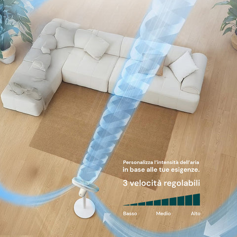 Ventilatore a piantana con flusso d'aria potente su divano beige, 3 velocità regolabili per personalizzare intensità aria