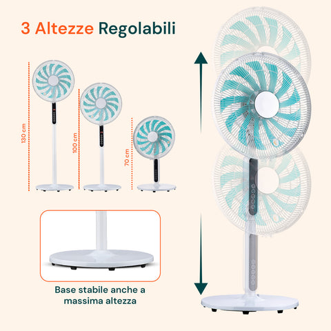 Ventilatore regolabile 3 altezze 70-100-130 cm con base stabile, pale turchesi e asta telescopica per ogni ambiente