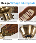 Design vintage ed elegante con corpo centrale in acciaio cromato, pale MDF con inserti in paglia e dettagli in ottone
