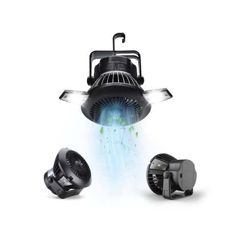 Ventilateur Portable avec Panneau Solaire, 4 LED, Crochet et 4 Vitesses