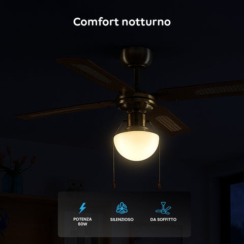 Ventilatore da Soffitto 60w con 4 Pale in Legno, 3 Velocità e Luci Integrate