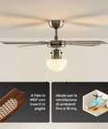 Ventilatore con 4 pale in MDF con inserti in paglia, ideale per ventilazione di ambienti fino a 16 mq da soffitto