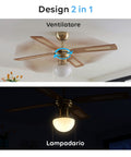Ventilatore da Soffitto 60w con 4 Pale in Legno, 3 Velocità e Luci Integrate