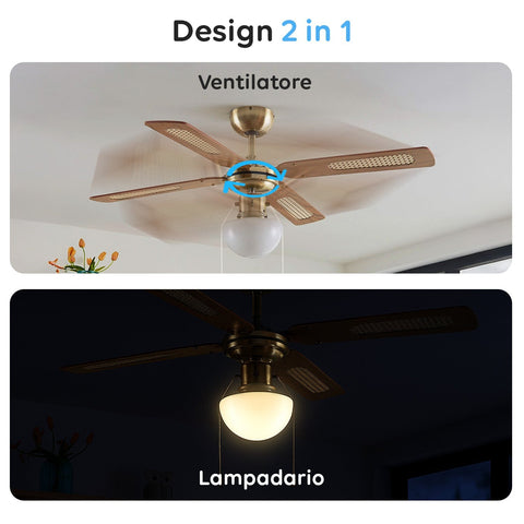 Ventilatore da Soffitto 60w con 4 Pale in Legno, 3 Velocità e Luci Integrate