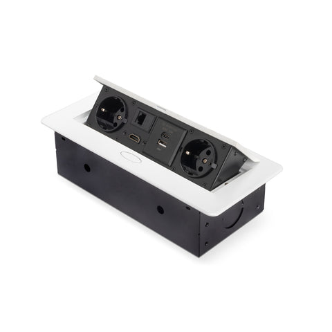 Multiprise escamotable de bureau UE avec 2 prises Schuko USB A+C RJ45 HDMI Blanc