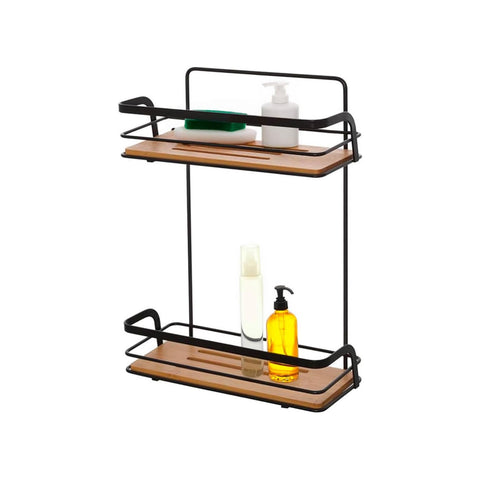 immagine-1-feridras-mensola-rettangolare-per-doccia-a-2-ripiani-in-bambu-in-acciaio-nero-26x36x10cm-ean-8056471563997