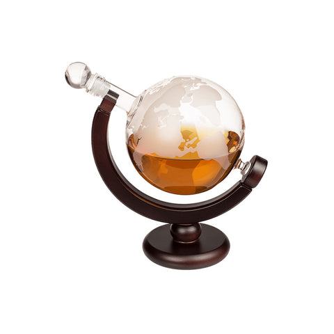 Carafe à liqueur en forme de globe avec 2 verres en verre sur support en bois 850 ml