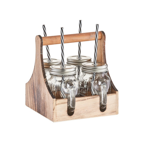 Panier à provisions, plateau avec 4 gourdes en verre