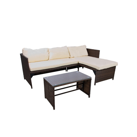Set divano angolare Zendea SANTORINI in rattan marrone con cuscini bianchi e tavolino con piano in vetro per giardino e terrazza