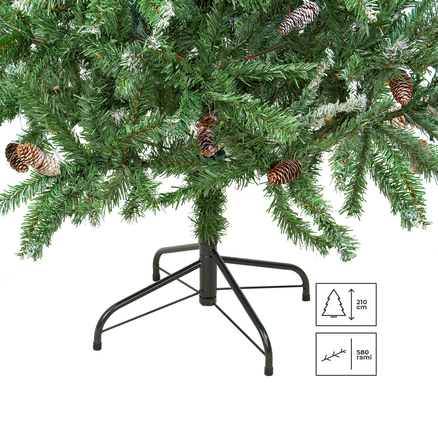 immagine-2-euronatale-albero-di-natale-da-210cm-580-rami-punte-innevate-con-pigne-e-base-in-metallo-ean-8019959014459