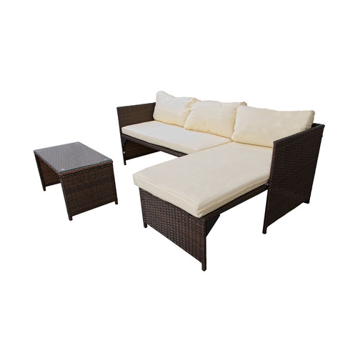 Divano angolare da giardino Zendea con configurazione modulare, cuscini removibili bianchi e tavolino separato per outdoor