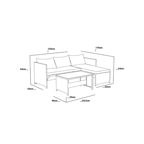 Schema tecnico con dimensioni del set divano angolare Zendea SANTORINI: divano 123x119x64cm e tavolino 69,5x40x39cm per giardino