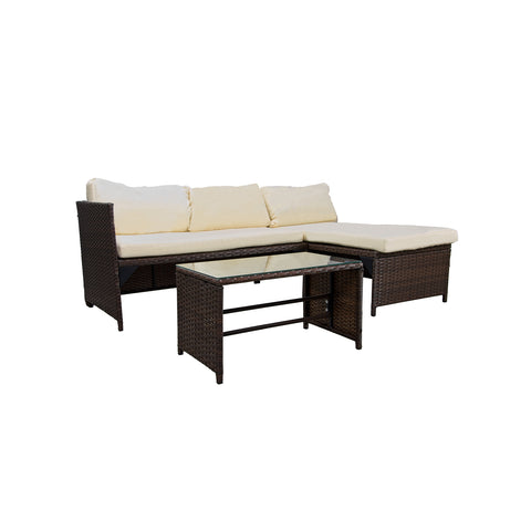 Set completo divano angolare Zendea SANTORINI in rattan marrone con cuscini bianchi e tavolino con piano in vetro temperato