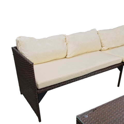 Divano a 3 posti del set Zendea SANTORINI in rattan marrone intrecciato con cuscini schienale e seduta removibili bianchi